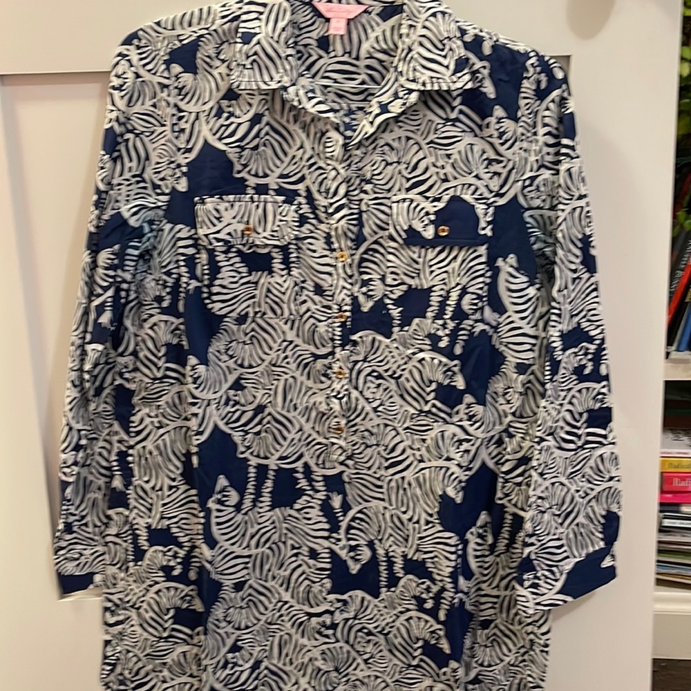 Blue zebra print button down